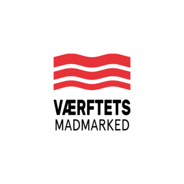 Værftets madmarked logo og 3 rød bølje ovenpå tekst